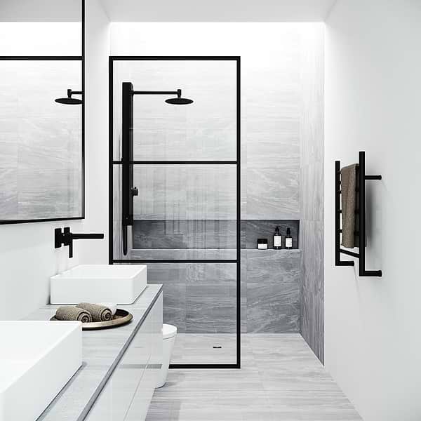 Finestra 34x74" Reversible Fixed Shower Door with Striped Clear Glass in Matte Black