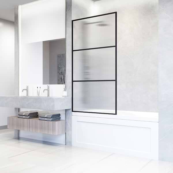 Finestra 34x62" Reversible Fixed Bathtub Door with Striped Fluted Glass in Matte Black
