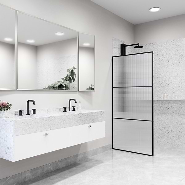 Finestra 34x74" Reversible Fixed Shower Door with Striped Fluted Glass in Matte Black