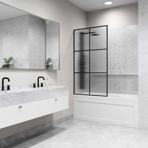 Finestra 34x62" Reversible Fixed Bathtub Door with Large Grid Fluted Glass in Matte Black