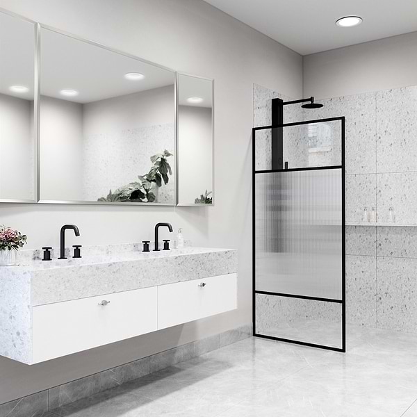 Finestra 34x74" Reversible Fixed Shower Door with Venetian Fluted Glass in Matte Black
