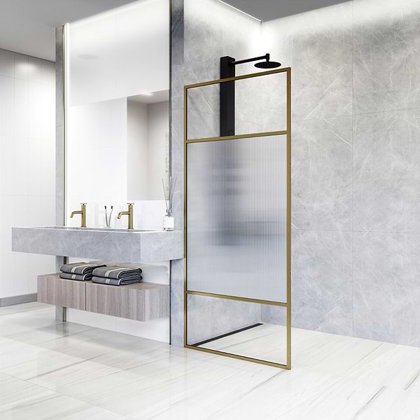 Finestra 34x74" Reversible Fixed Shower Door with Venetian Fluted Glass in Brushed Gold