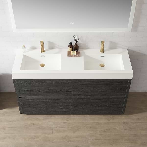 Serrano Black Oak 60" Double Freestanding Vanity with White Integrated Top