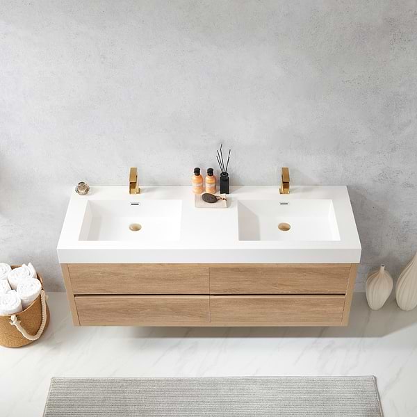 Serrano Blonde Oak 60" Double Floating Vanity with White Integrated Top