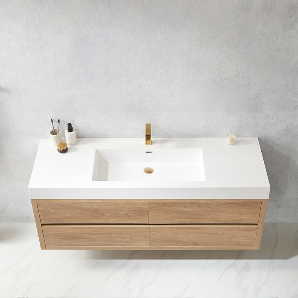 Serrano Blonde Oak 60" Single Floating Vanity with White Integrated Top