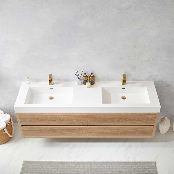 Serrano Blonde Oak 72" Double Floating Vanity with White Integrated Top
