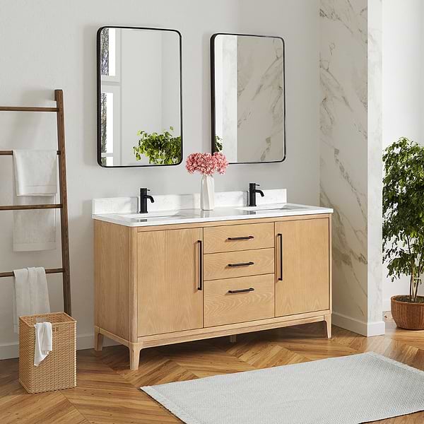 Kaitlin Blonde Oak 60" Double Vanity with White Composite Stone Top