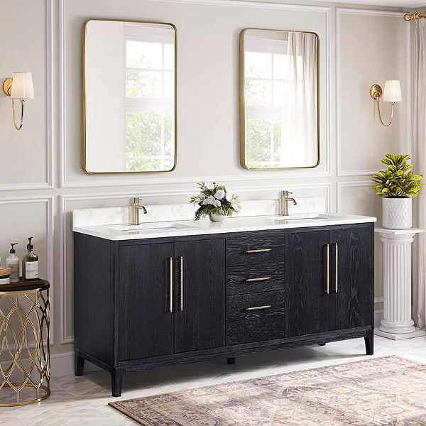 Kaitlin Black Oak 72" Double Vanity with White Composite Stone Top