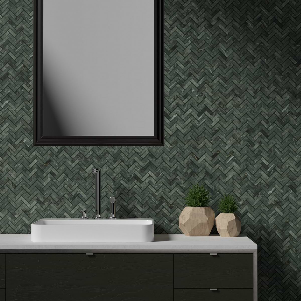 Tia Verde Green 1x3 Herringbone Honed Marble Mosaic Tile; in Dark Green Marble; for Backsplash, Bathroom Floor, Bathroom Wall, Commercial Floor, Floor Tile, Kitchen Floor, Kitchen Wall, Shower Wall, Wall Tile; in Style Ideas Art Deco, Classic, Contemporary, Traditional; released 2025; new, trends