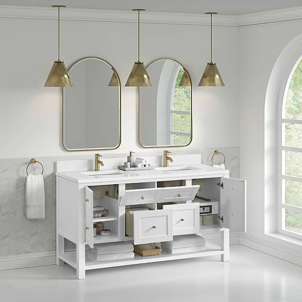 James Martin Vanities Breckenridge Bright White 60" Double Vanity with White Zeus Quartz Top and Backsplash