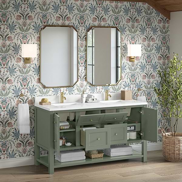 James Martin Vanities Breckenridge Smokey Celadon 60" Double Vanity with White Zeus Quartz Top and Backsplash