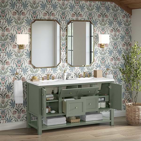 James Martin Vanities Breckenridge Smokey Celadon 60" Double Vanity with White Zeus Quartz Top