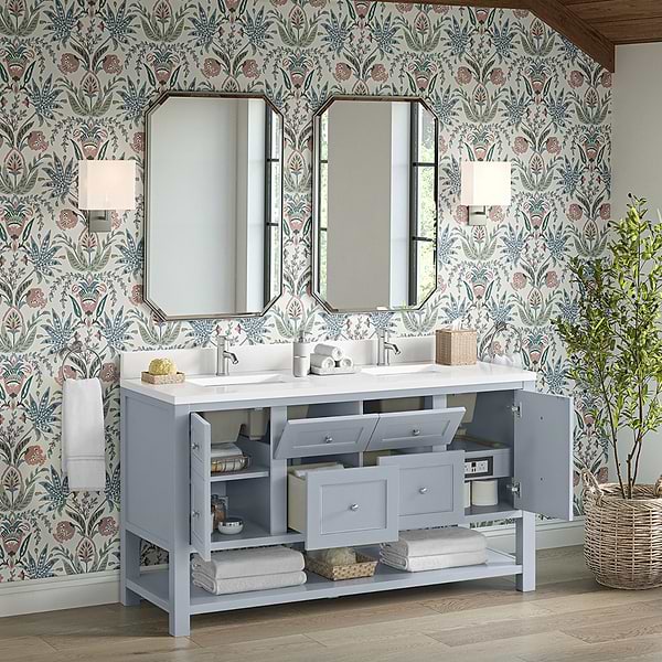 James Martin Vanities Breckenridge Serenity Blue 60" Double Vanity with White Zeus Quartz Top and Backsplash