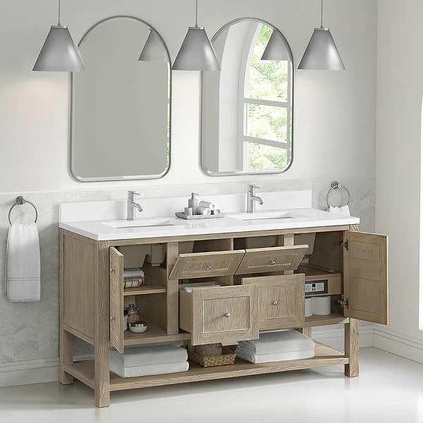 James Martin Vanities Breckenridge Whitewashed Oak 60" Double Vanity with White Zeus Quartz and Backsplash Top