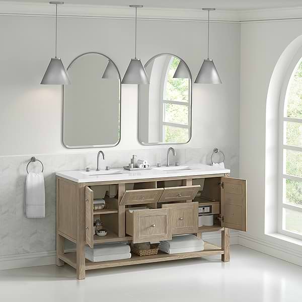 James Martin Vanities Breckenridge Whitewashed Oak 60" Double Vanity with White Zeus Quartz Top