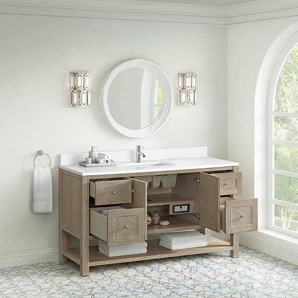 James Martin Vanities Breckenridge Whitewashed Oak 60" Single Vanity with White Zeus Quartz and Backsplash Top