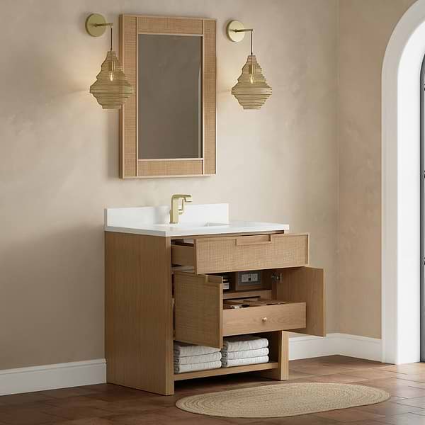 James Martin Vanities Solene Seaside Oak 36" Single Vanity with White Zeus Quartz Top and Backsplash