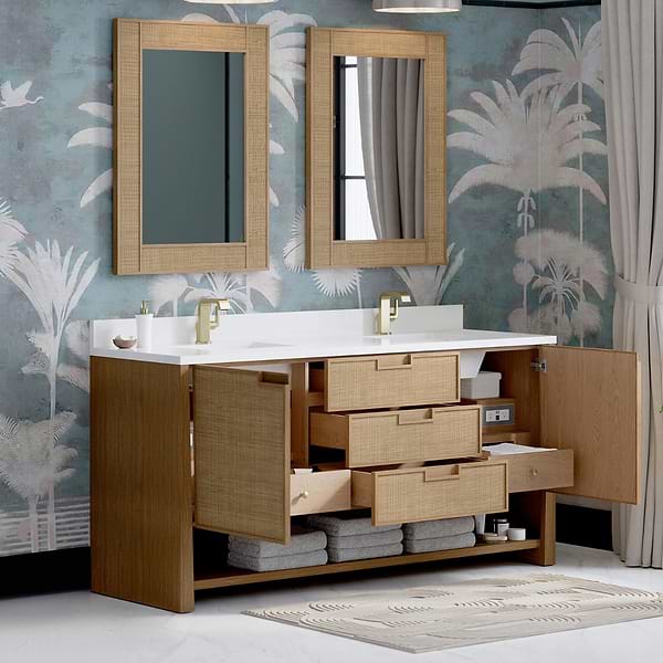 James Martin Vanities Solene Seaside Oak 72" Double Vanity with White Zeus Quartz Top and Backsplash