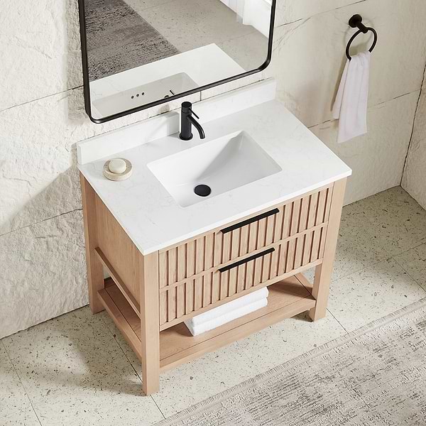 Valera Natural Oak 36" Single Vanity with White Grain Composite Stone Top