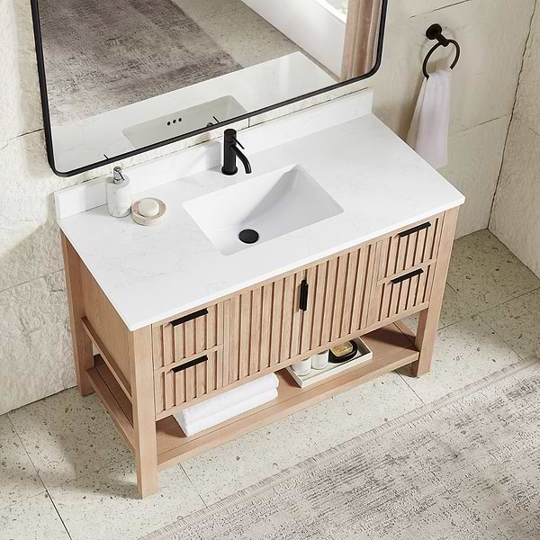 Valera Natural Oak 48" Single Vanity with White Grain Composite Stone Top