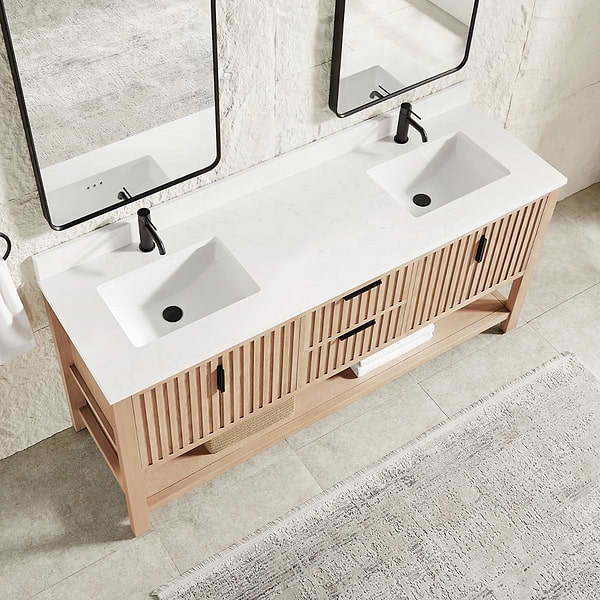 Valera Natural Oak 72" Double Vanity with White Grain Composite Stone Top
