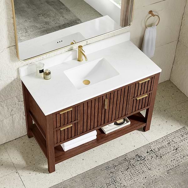 Valera Brown Oak 48" Single Vanity with White Grain Composite Stone Top