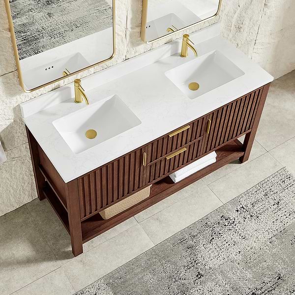 Valera Brown Oak 60" Double Vanity with White Grain Composite Stone Top