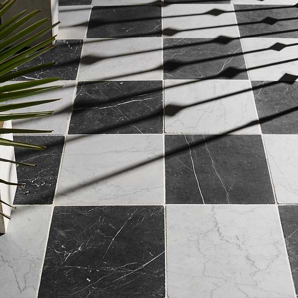 Avanti Nero Marquina Black and Bianco Carrara White 12x12 Tumbled Marble Checkerboard Tile