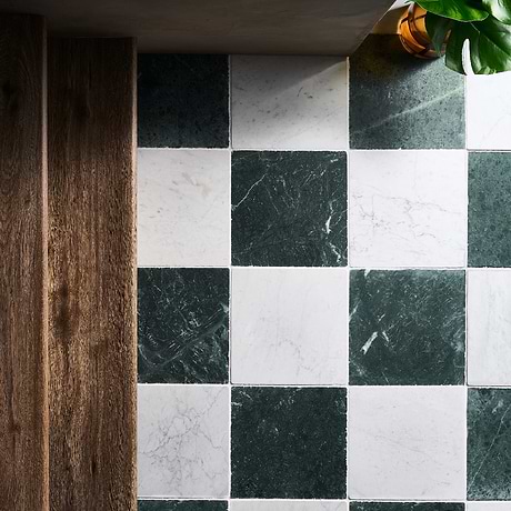 Avanti Verde Green and Bianco Carrara White 12x12 Tumbled Marble Checkerboard Tile