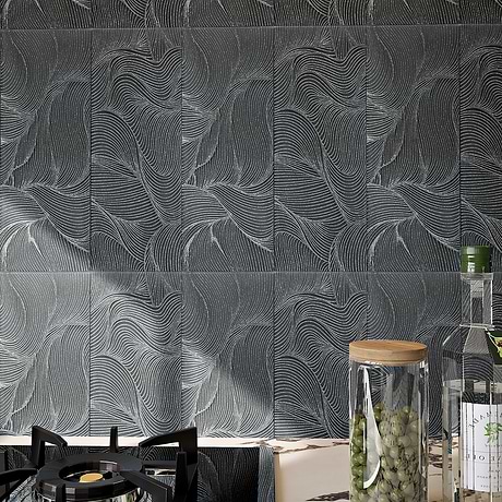 Sonya Waves Midnight Gray 6x16 Frosted Glass Tile