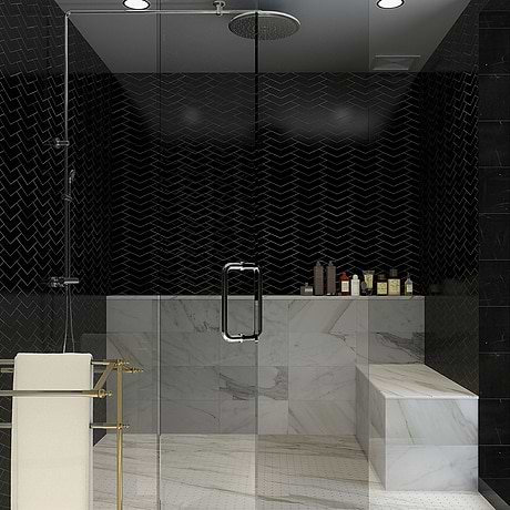 New Palm Beach by Krista Watterworth Floral Black Chevron Polished Marble Mosaic