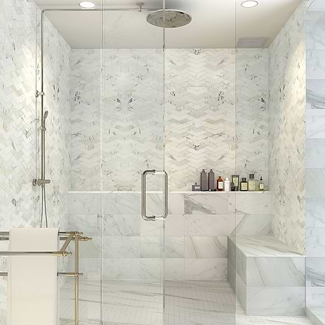 New Palm Beach by Krista Watterworth Floral White Chevron Polished Marble Mosaic