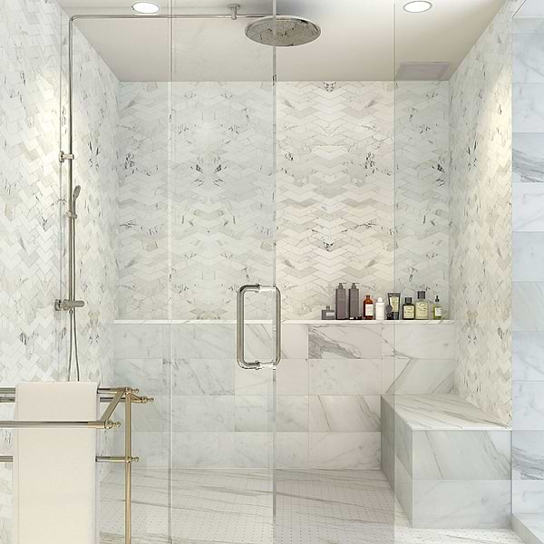 New Palm Beach by Krista Watterworth Floral White Chevron Polished Marble Mosaic