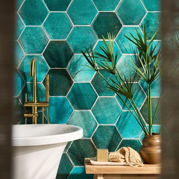 Breeze Tide Turquoise 8" Hexagon Crackled Glossy Terracotta Tile