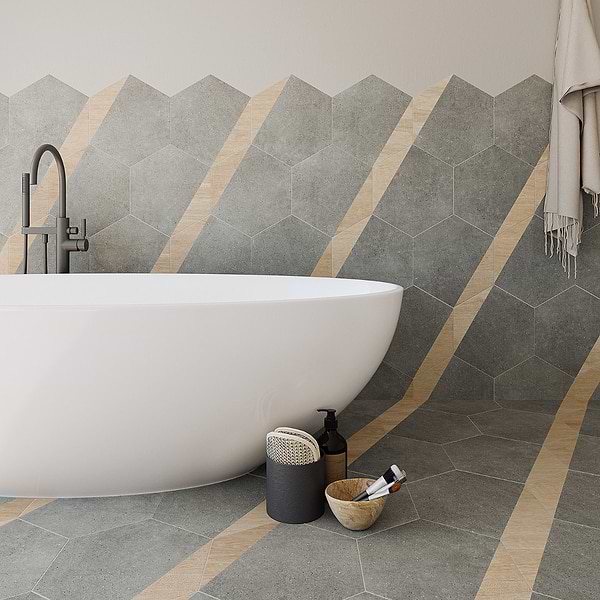 Pergola Wood Graphite 12.5" Hexagon Matte Porcelain Tile