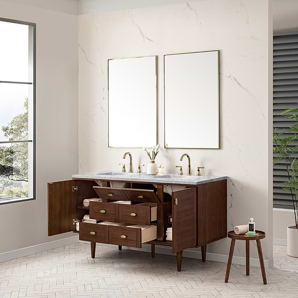 James Martin Vanities Amberly Mid-Century Walnut 60" Double Vanity with Carrara Marble Top