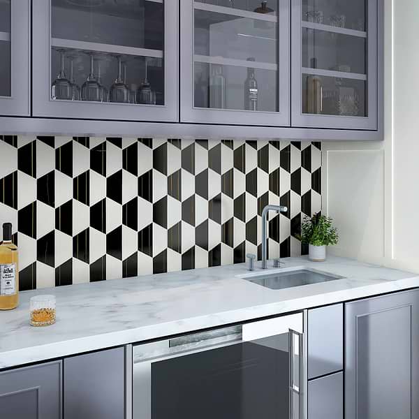 Fuse Nero 6" Polished Marble and Brass Inlay Mosaic