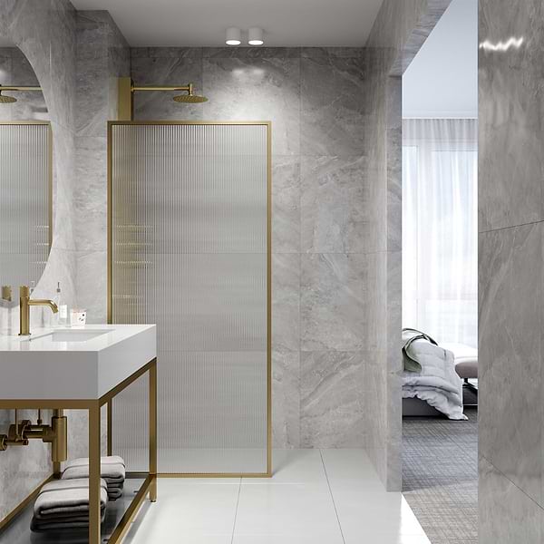 Finestra 34x74" Reversible Fixed Shower Door with Fluted Glass in Brushed Gold