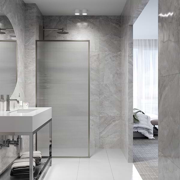 Finestra 34x74" Reversible Fixed Shower Door with Fluted Glass in Stainless Steel