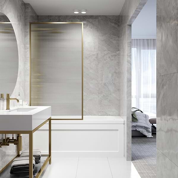 Finestra 34x62" Reversible Fixed Bathtub Door with Fluted Glass in Brushed Gold