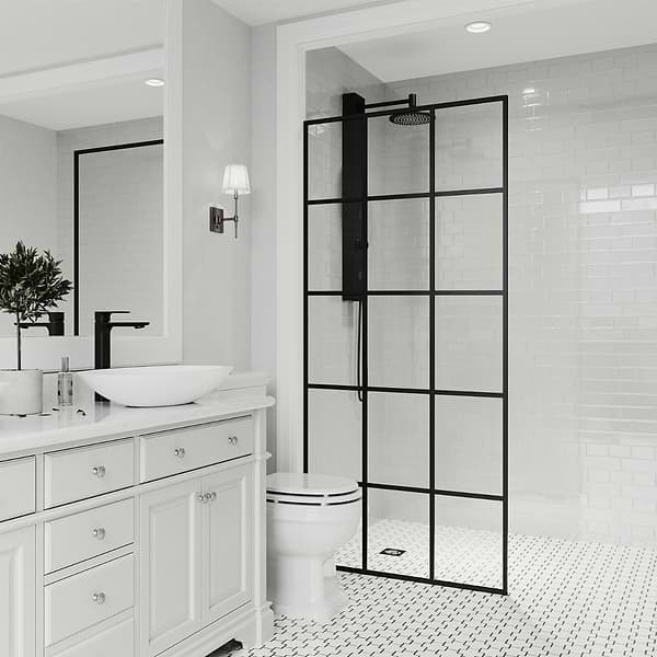 Finestra 34x74" Reversible Fixed Shower Door with Grid Clear Glass in Matte Black