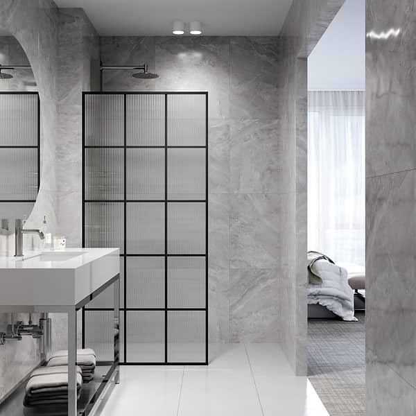 Finestra 34x74" Reversible Fixed Shower Door with Grid Fluted Glass in Matte Black