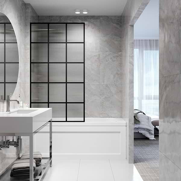 Finestra 34x62" Reversible Fixed Bathtub Door with Grid Fluted Glass in Matte Black