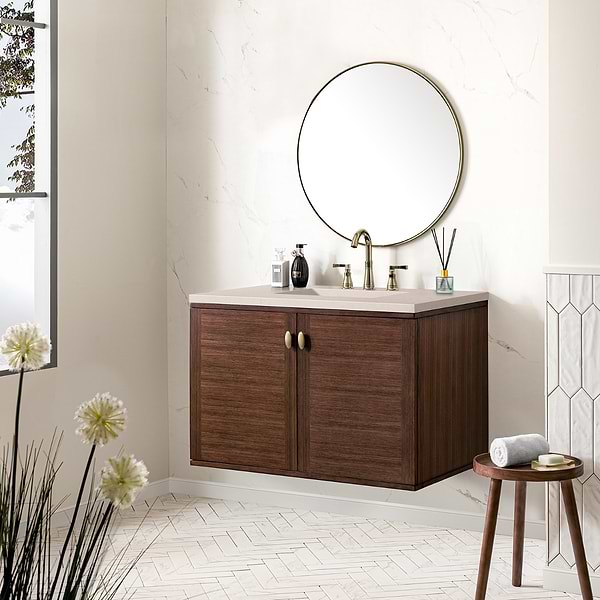James Martin Vanities Amberly Mid-Century Walnut 36" Single Vanity with Eternal Marfil Quartz Top