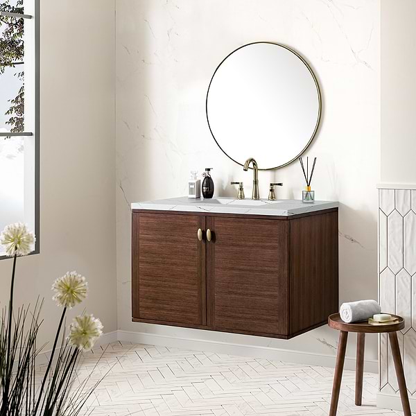 James Martin Vanities Amberly Mid-Century Walnut 36" Single Vanity with Ethereal Noctis Quartz Top