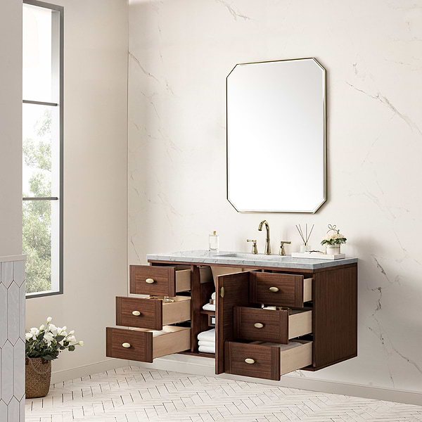 James Martin Vanities Amberly Mid-Century Walnut 48" Single Vanity with Eternal Jasmine Pearl Top