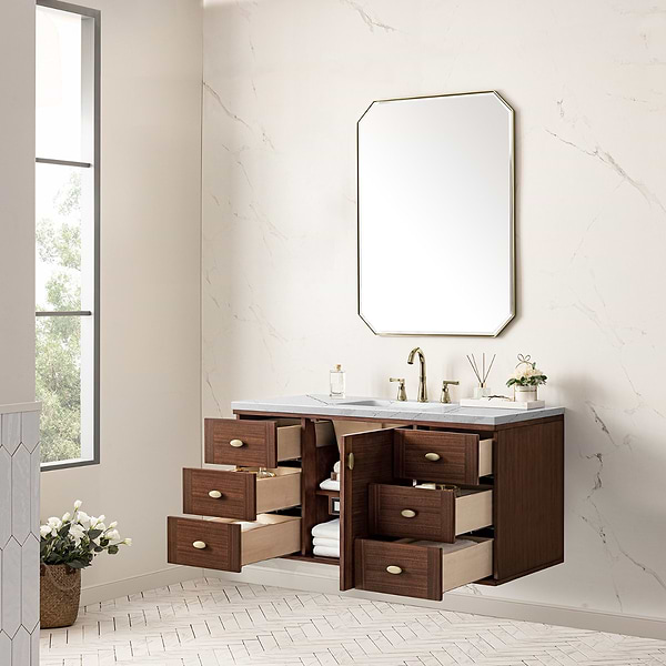 James Martin Vanities Amberly Mid-Century Walnut 48" Single Vanity with Ethereal Noctis Quartz Top
