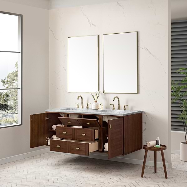 James Martin Vanities Amberly Mid-Century Walnut 60" Double Vanity with Carrara Marble Top