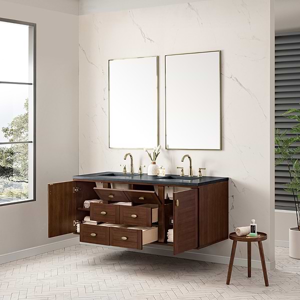James Martin Vanities Amberly Mid-Century Walnut 60" Double Vanity with Charcoal Soapstone Quartz Top
