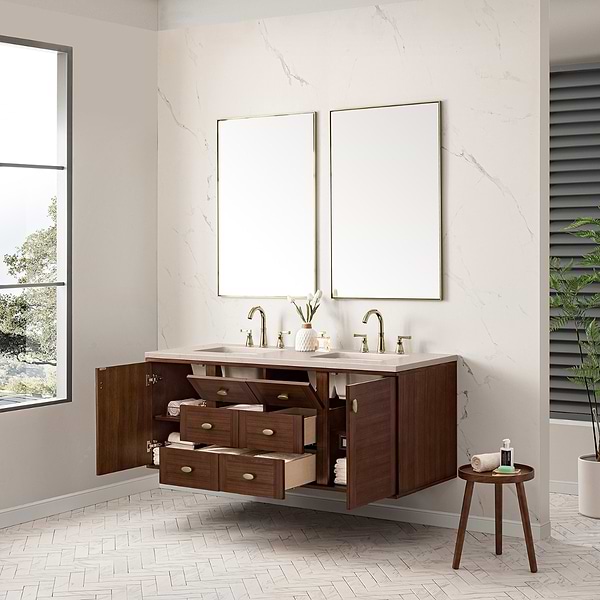James Martin Vanities Amberly Mid-Century Walnut 60" Double Vanity with Eternal Marfil Quartz Top